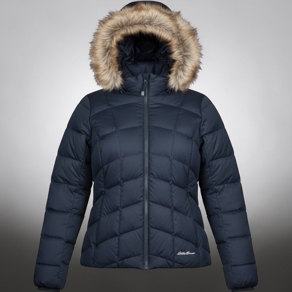 Eddie Bauer Sun Valley Down Parka Navy Blue Faux Fur Hood Jacket L17FN2607 M